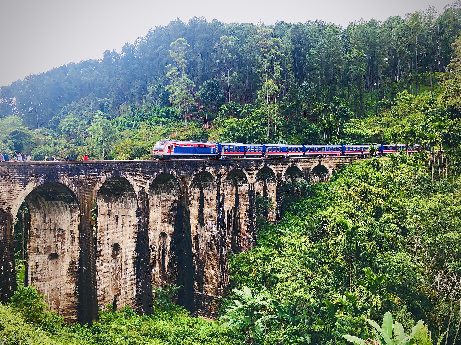 A blue train crossing the Nine Arch Bridge near Ella through green jungle